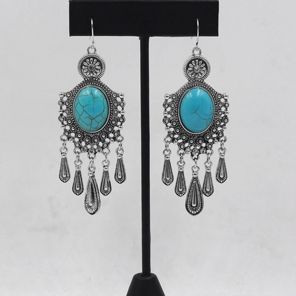 BE1 | Boho Long Turquoise Flower Drop Earrings - Picture 5 of 6